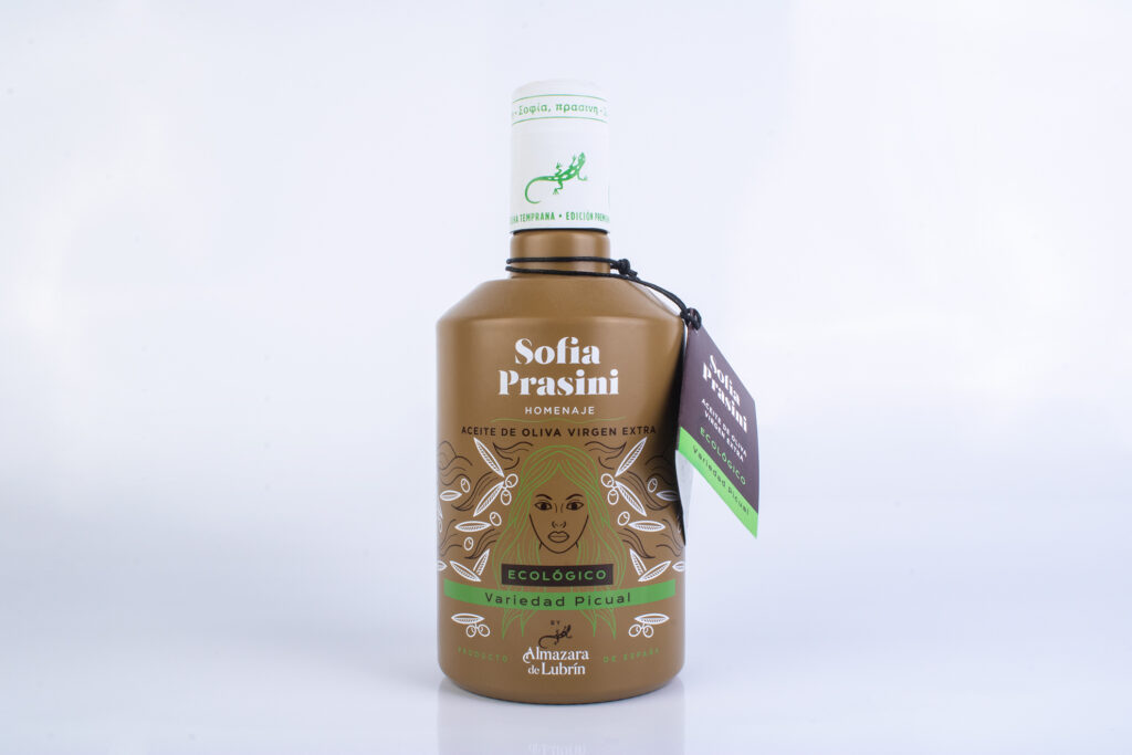 Diseño de botella aceite de oliva premium Córdoba. Pintura y serigrafia más etiqueta Sofía Prasini diseño de envase para aceite de oliva